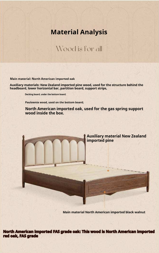 Oak Solid Wood Box Bed with Upholstered Vertical Channel Tufted Arched Headboard