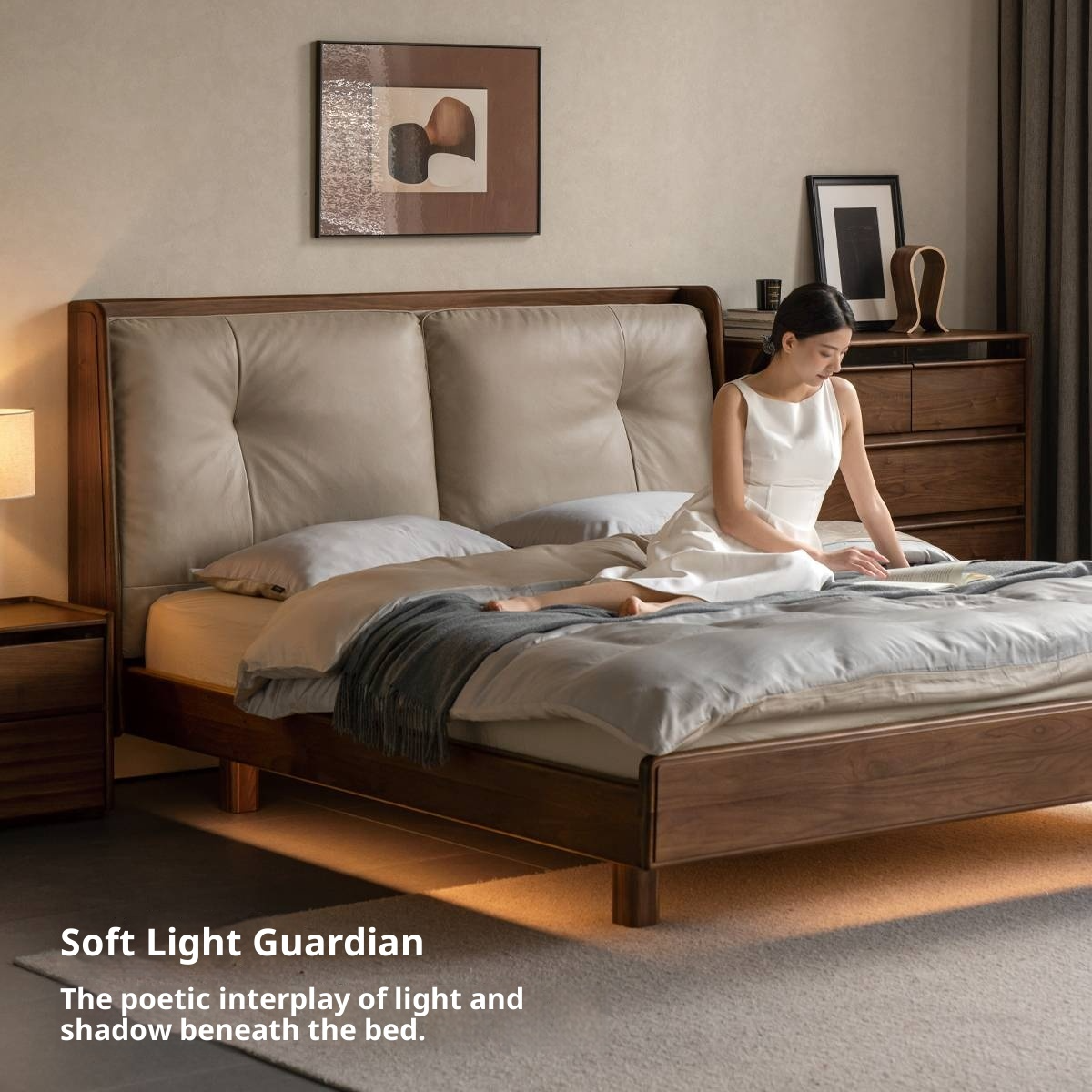 Black Walnut Solid Wood Italian Light Luxury Genuine Leather Soft Bed