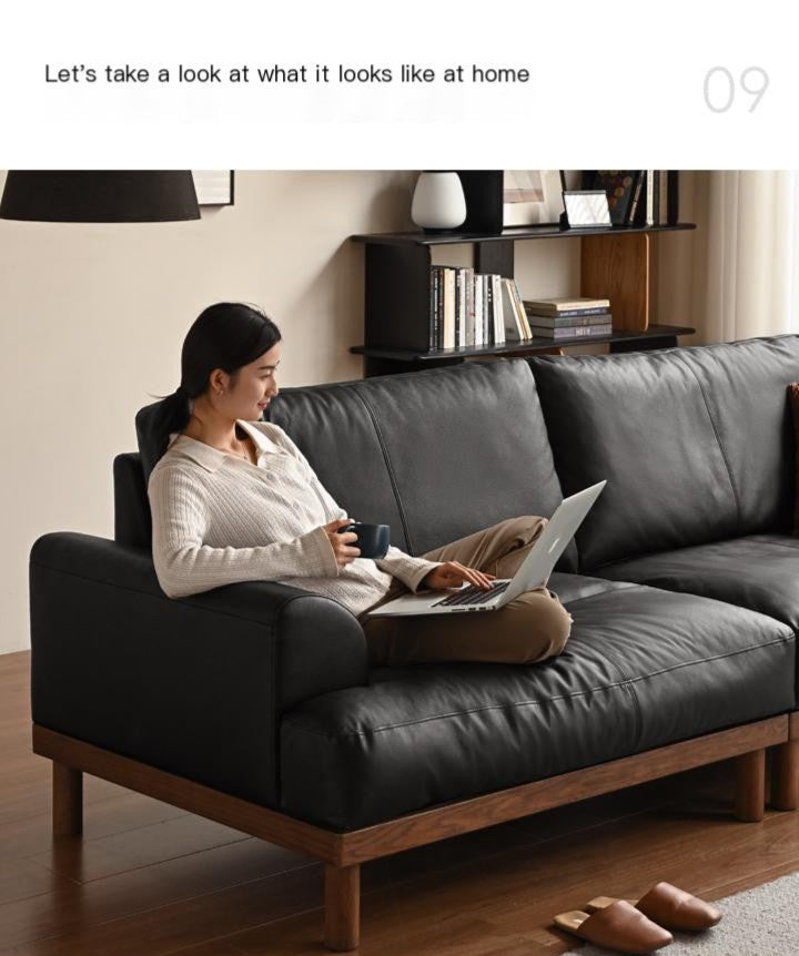 Oak Solid Wood Genuine Leather Sofa