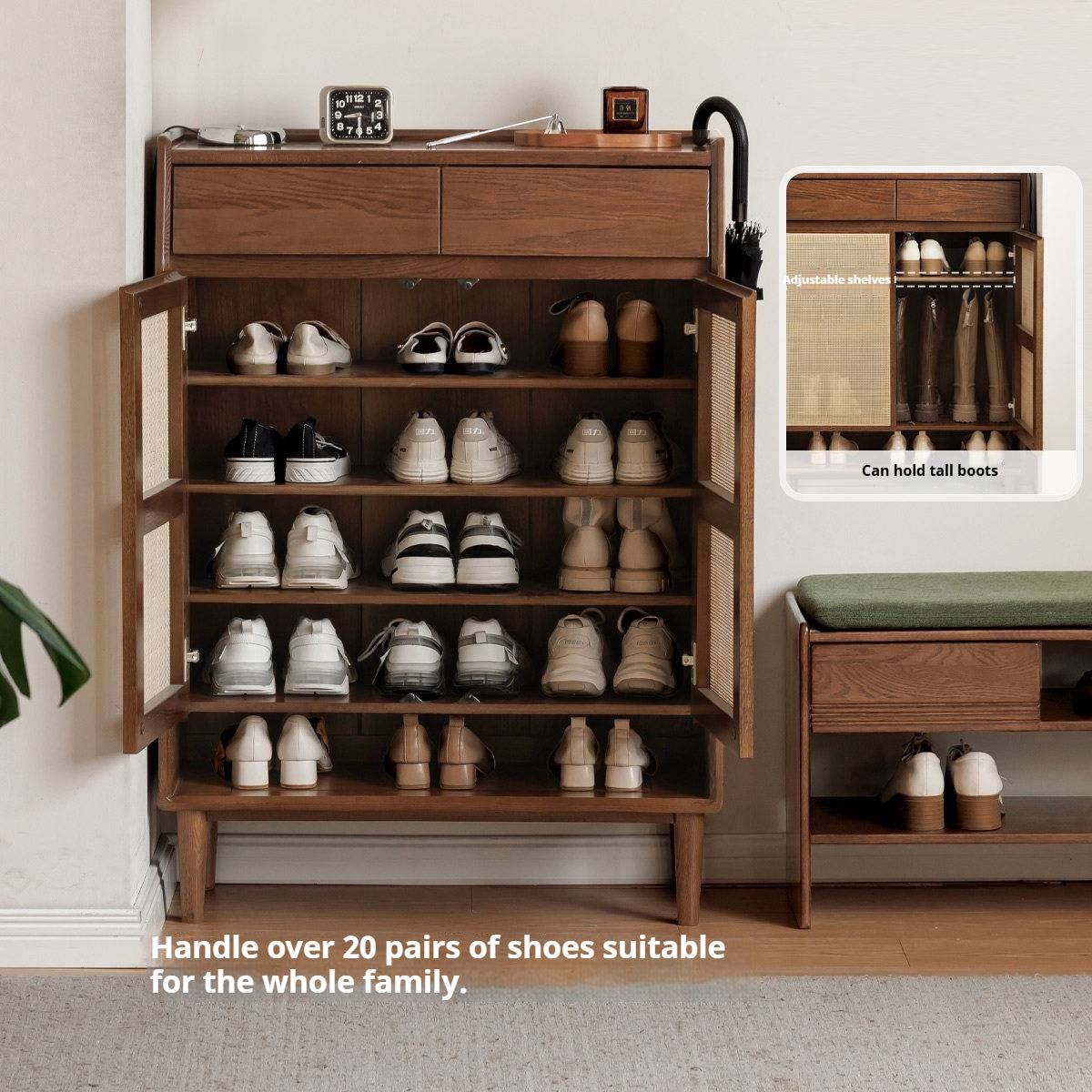 Oak Solid Wood Shoe Cabinet with Rattan Storage