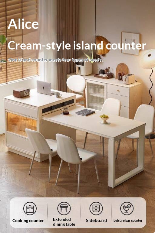 Solid Rubberwood Cream-Style Extendable White Slab Island