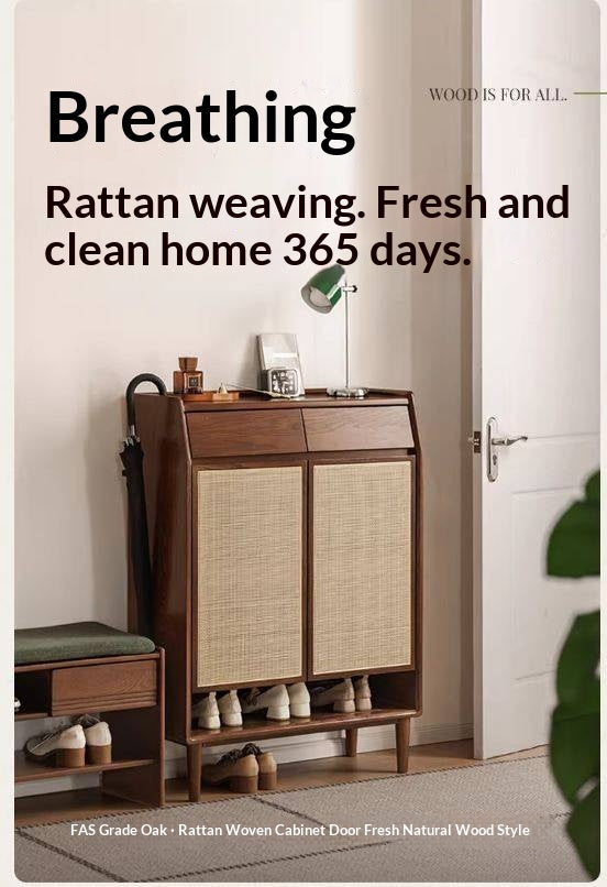 Oak Solid Wood Shoe Cabinet with Rattan Storage