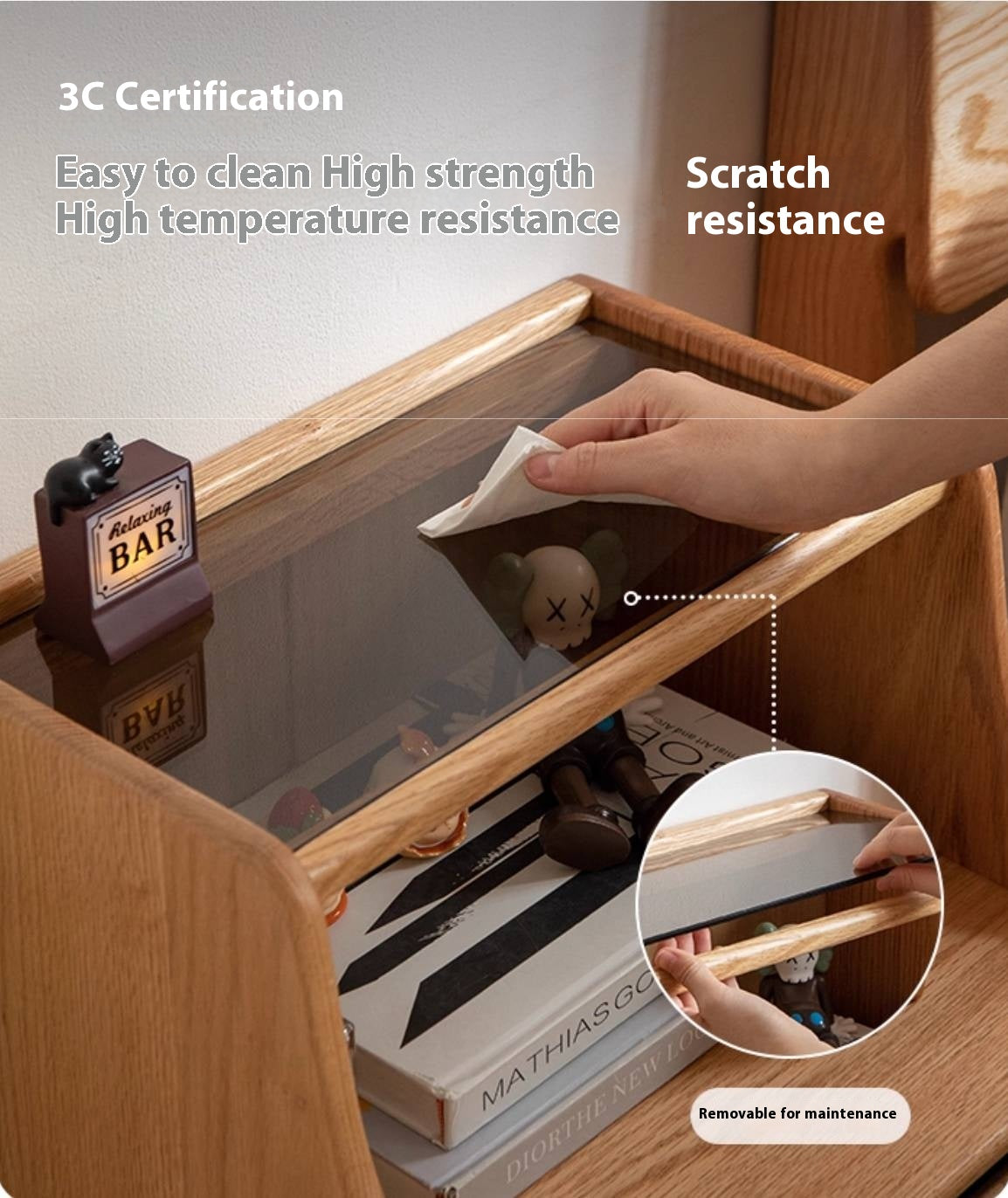 Solid RubberWood, Oak Solid Wood Nightstand with Glass Door with Storage