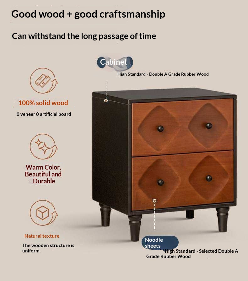 Solid RubberWood Nightstand Mid Century Two-Drawer Storage Cabinet