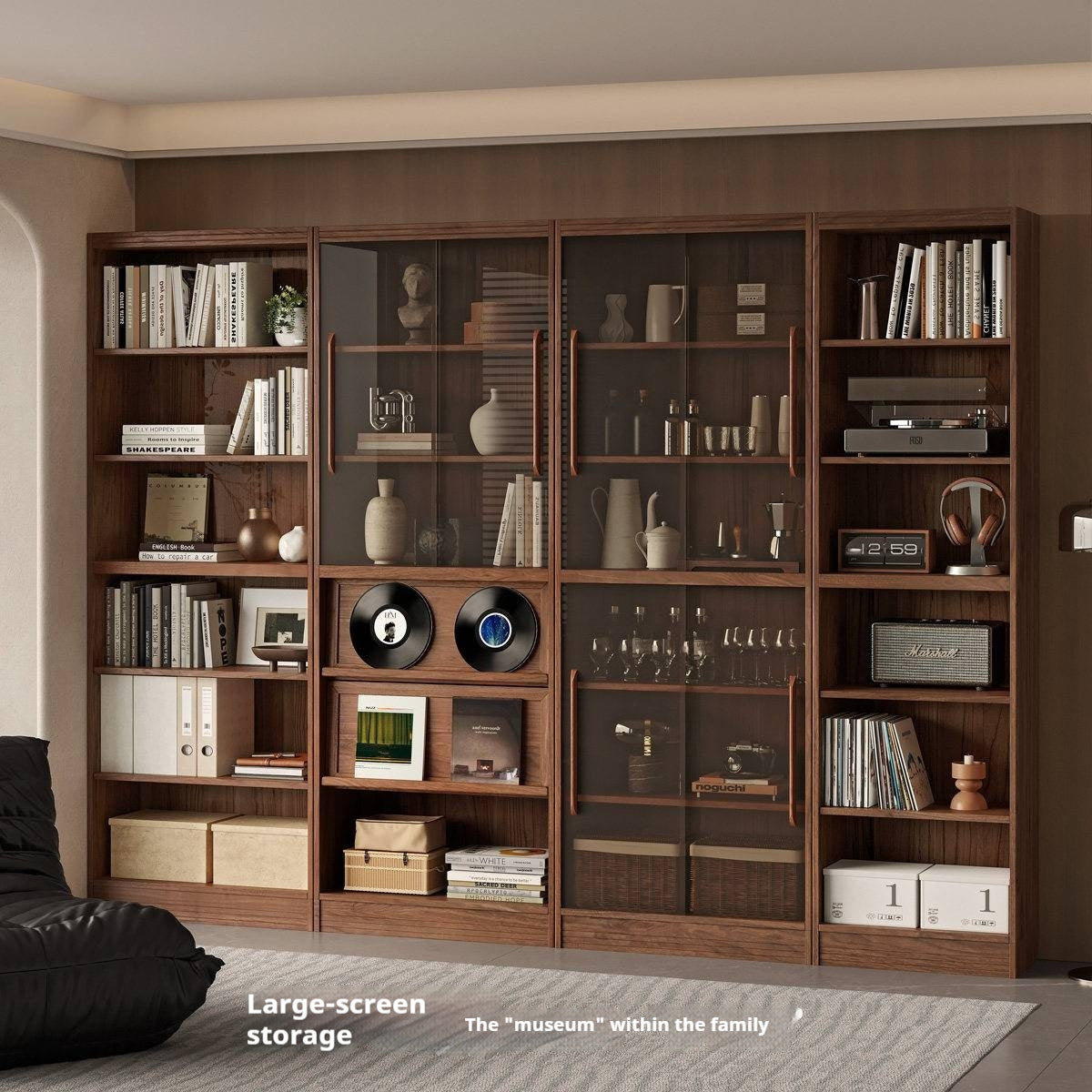 Black Walnut, Oak Solid Wood Floor-Standing Bookcase with Luxury Storage Cabinet
