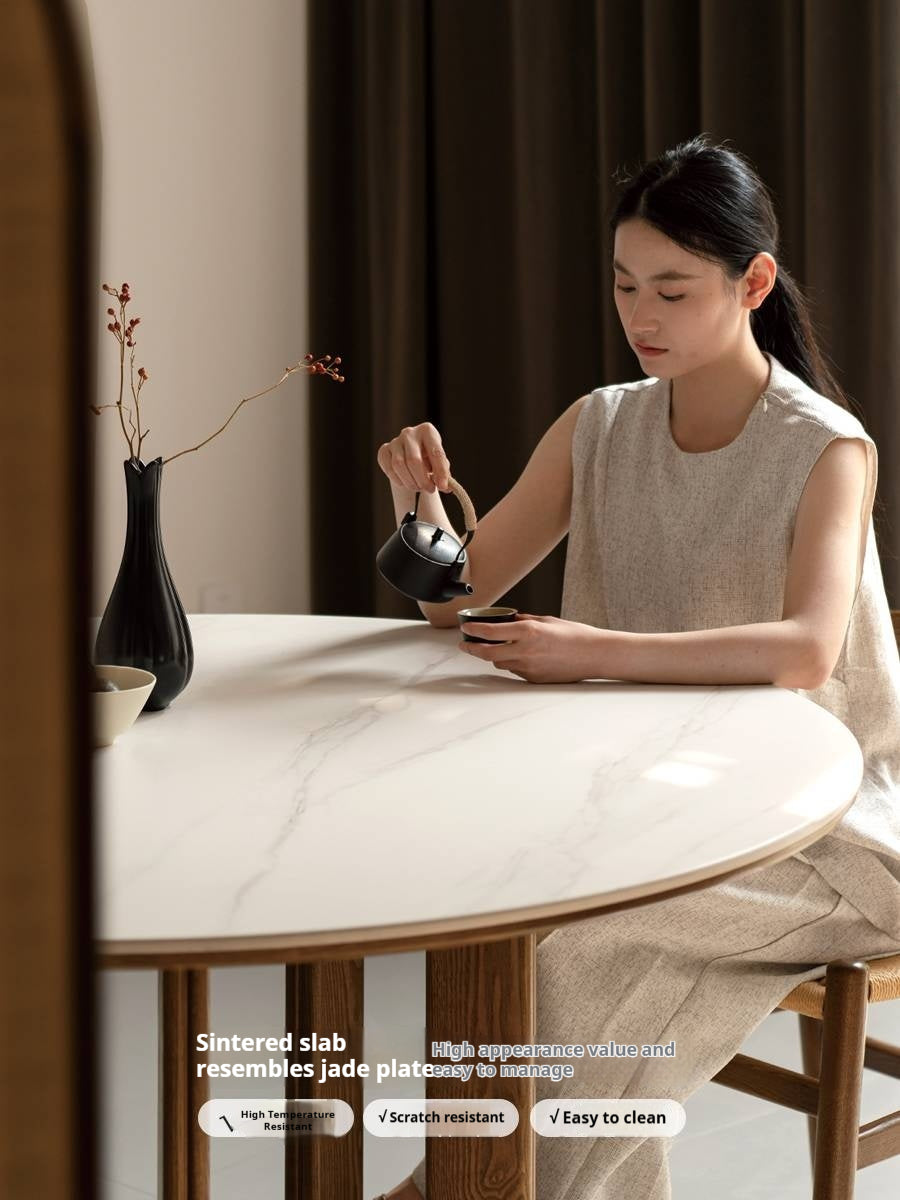 Ash Solid Wood Rock Plate Dining Table with Rotary Wheel