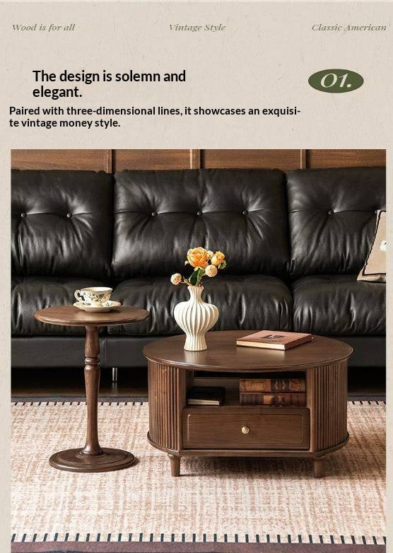 Black Walnut Solid Wood Coffee Table with Storage Drawer, Mid Century