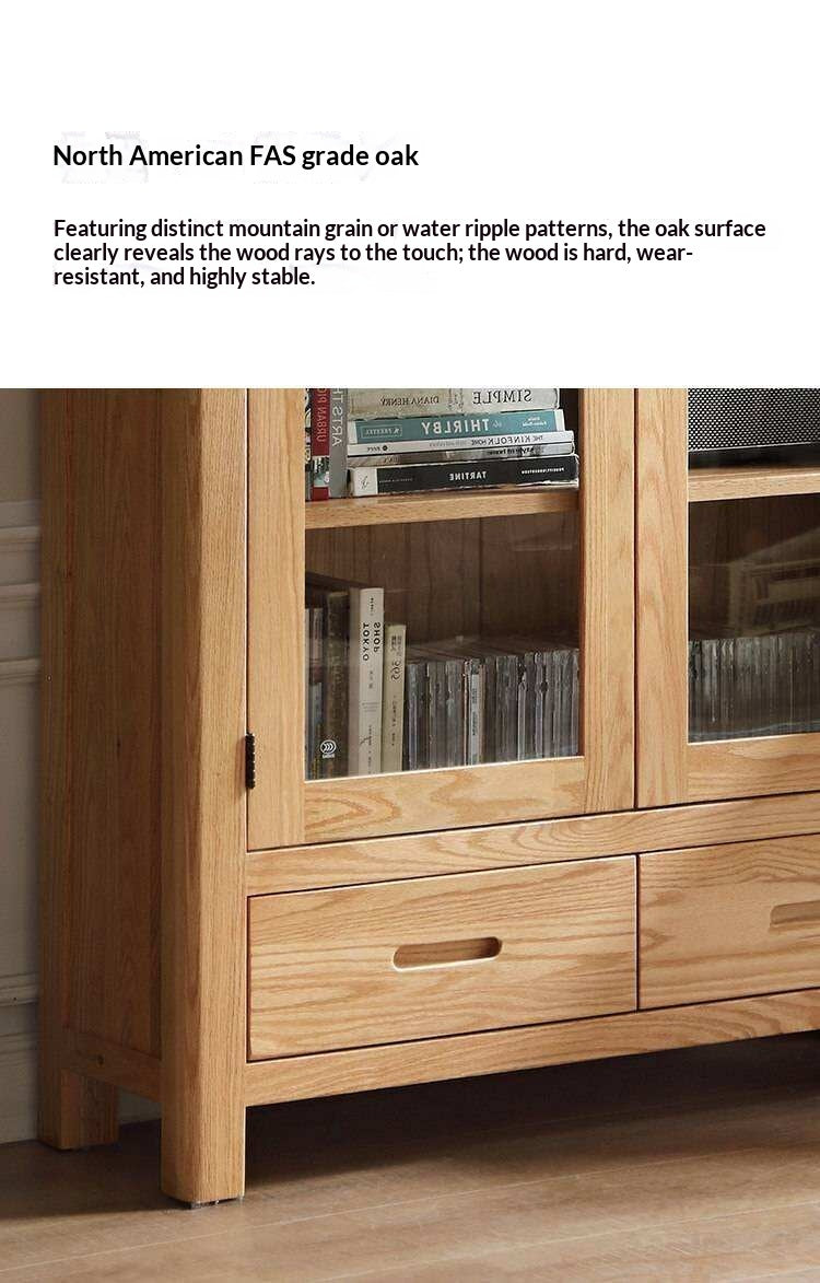 Oak, Solid Rubberwood Modern Bookcase with Glass Door Display Cabinet