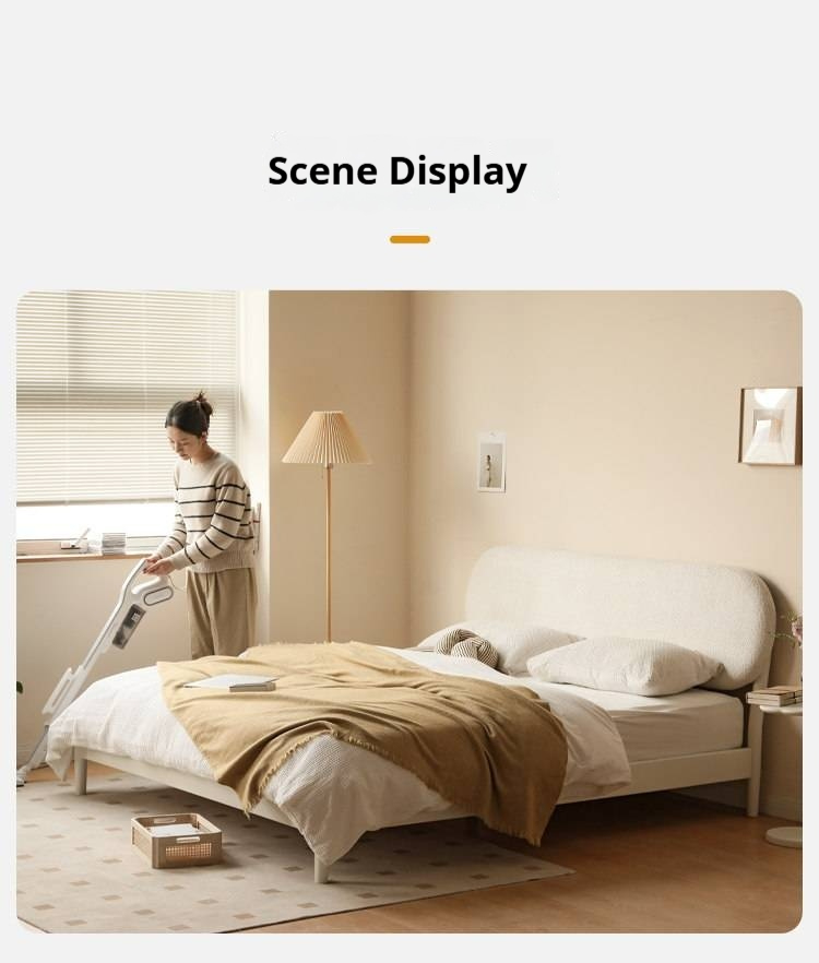 Poplar Solid Wood Bed — Upholstered with Fabric, Creamy Lambswool Soft Backrest