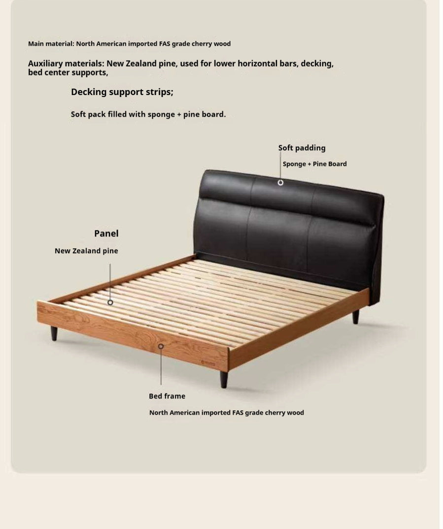 Cherry Solid Wood Genuine Leather Curved Upholstered Headboard Platform Bed