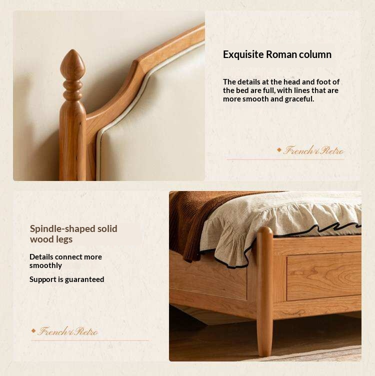 Cherry Solid Wood Box Bed with French Country Arched Upholstered Headboard and Spindle Posts