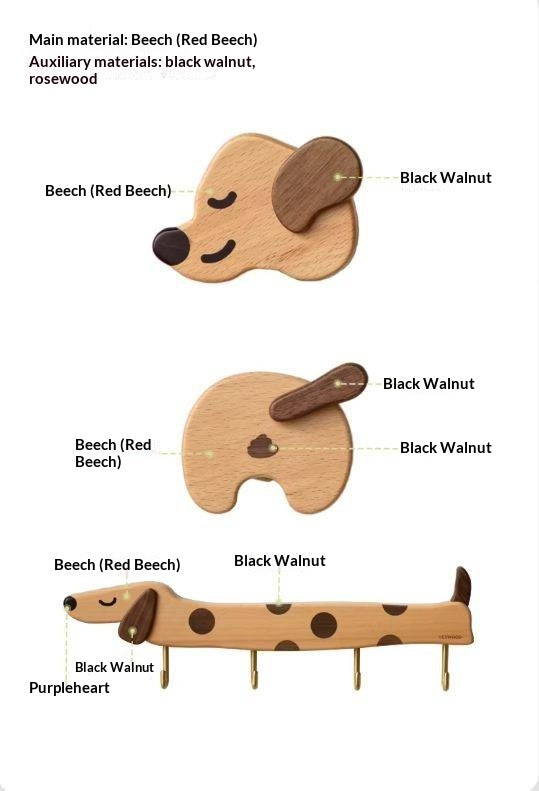 Beech, Black Walnut Solid Wood Puppy-Shaped Wall Hook with Cute Cartoon Design