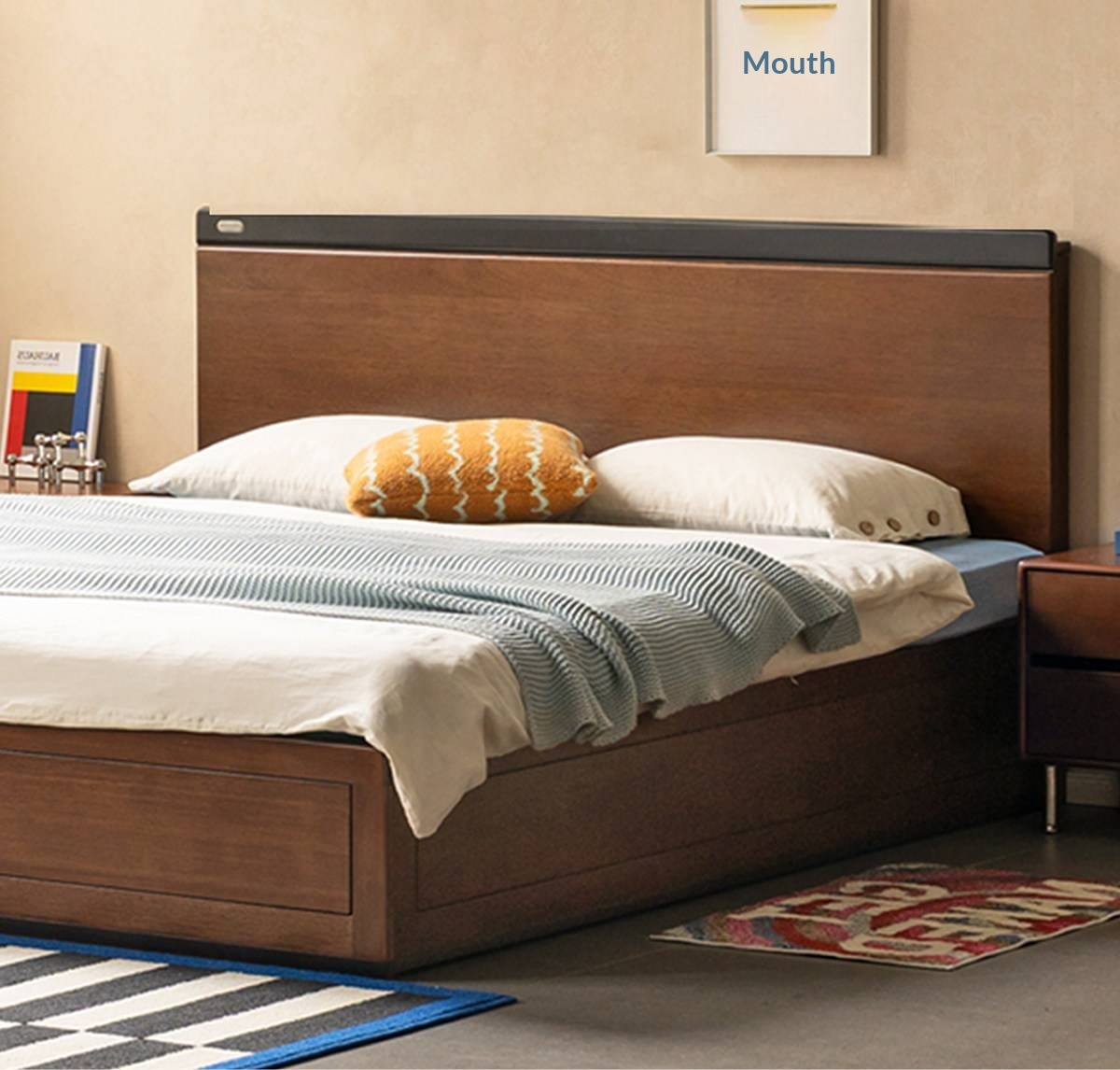 Golden Rosewood Solid Wood Bauhaus Storage Bed with Full Lift-Up Storage Box and Color-Block Headboard
