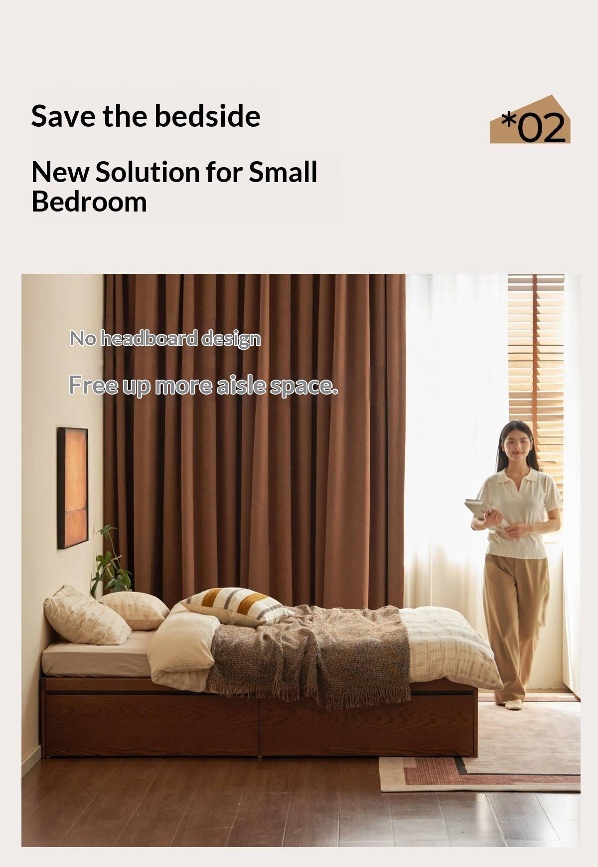 Oak Solid Wood Storage Platform Bed with Drawers, Walnut Color