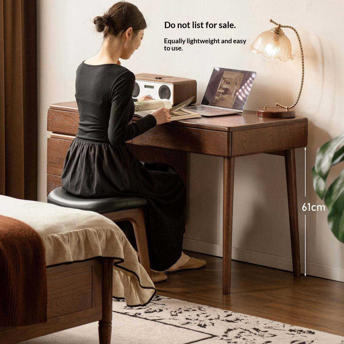 Oak Solid Wood Telescopic Desk with Integrated Bookshelf