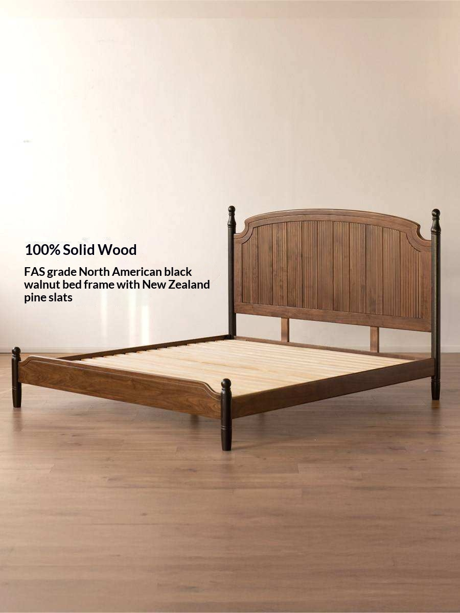 Black Walnut Solid Wood Bed with Reeded Arched Headboard and Turned Corner Posts