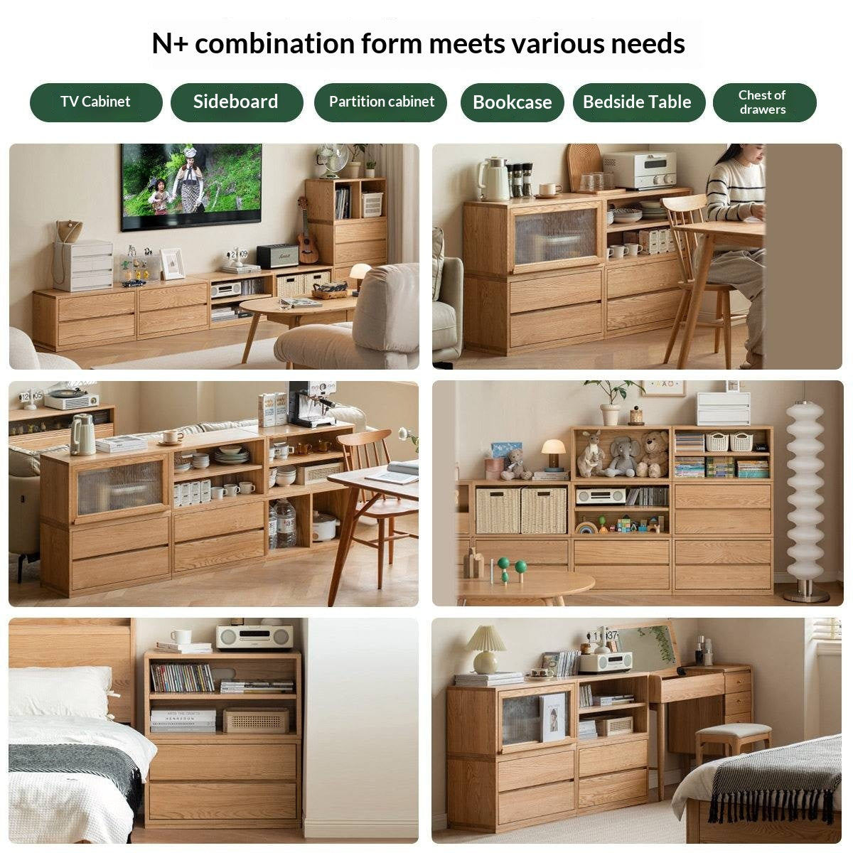 Ash Solid Wood Modern TV Cabinet with Freely Combineable Bookshelf and Storage