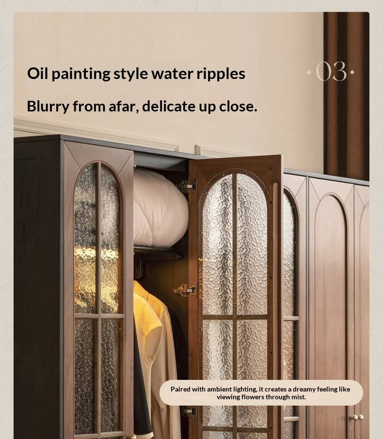 Black Walnut Solid Wood Wardrobe with Arched Textured Glass Doors