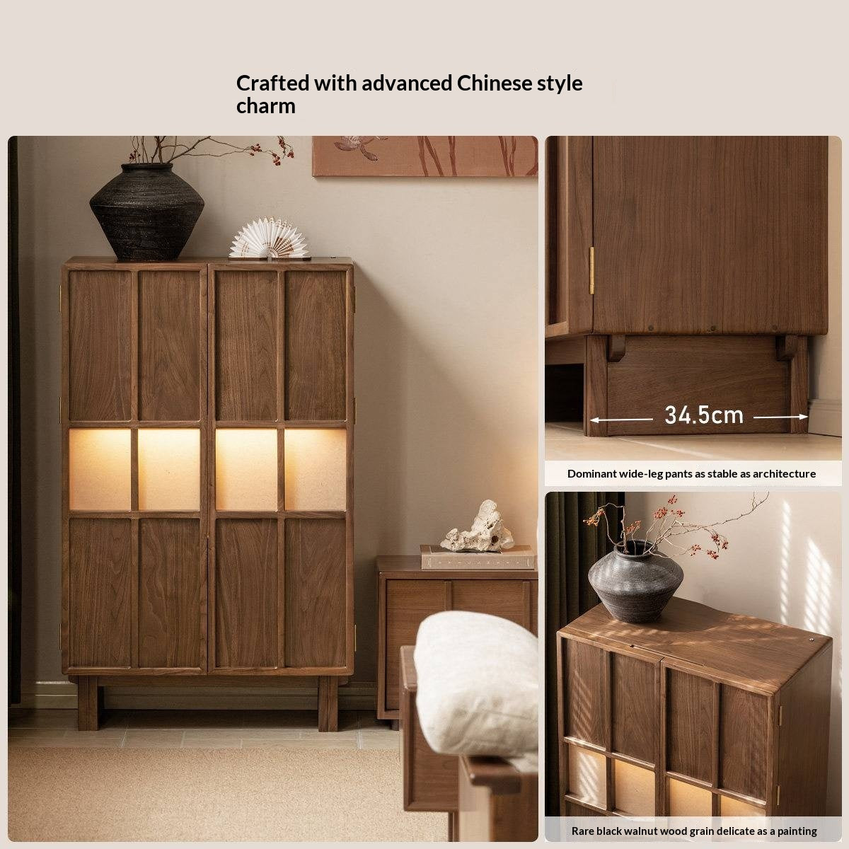 Black Walnut Solid Wood Lattice Door Side Cabinet with LED Lighting