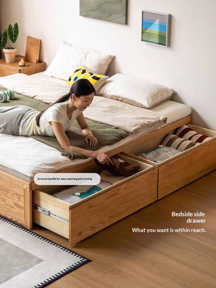 Oak Solid Wood Storage Platform Bed with Drawers, Natural Color
