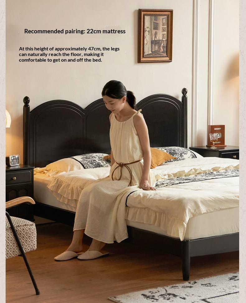 Rubberwood Solid Wood Bed — French Vintage Style, Large Slab Bed