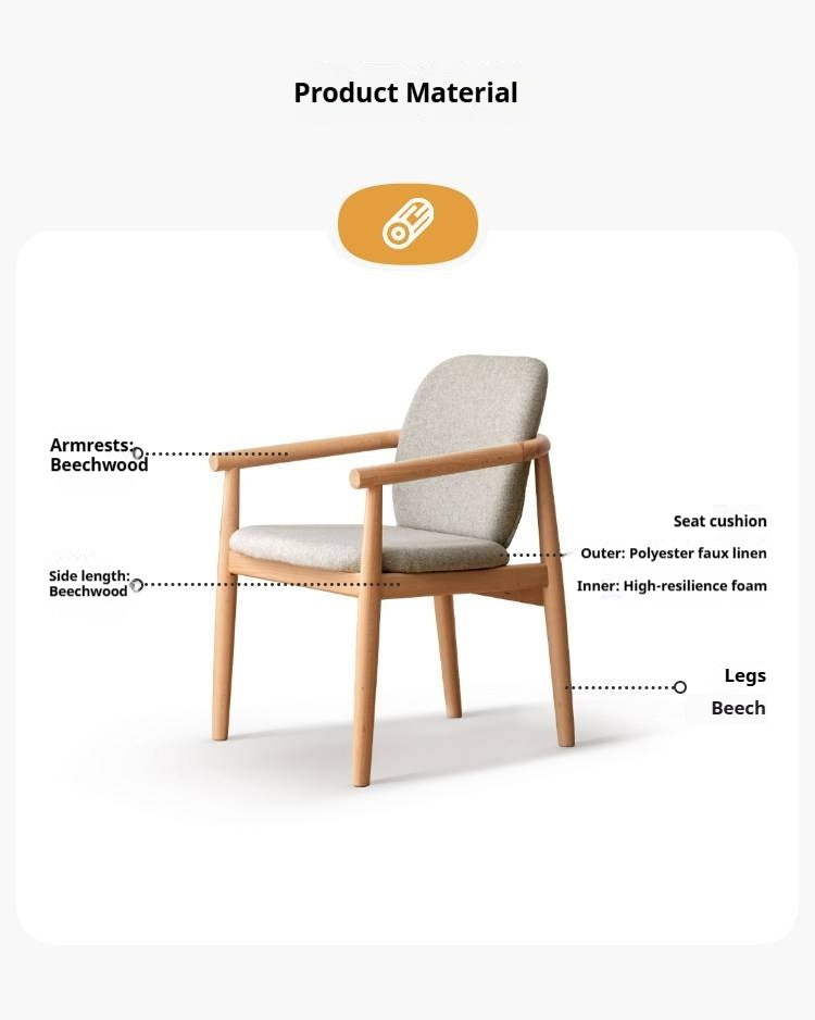 Beech Solid Wood Upholstered Armchair with Exposed Wood Frame and Round Tubular Arms