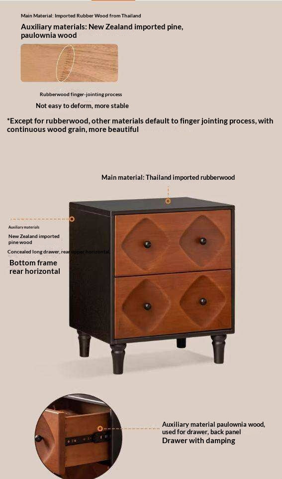 Solid RubberWood Nightstand Mid Century Two-Drawer Storage Cabinet