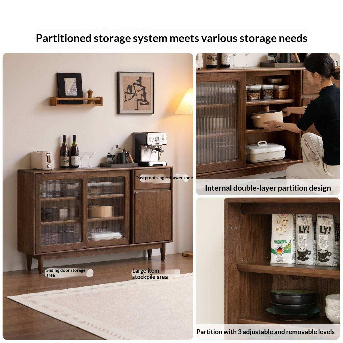 Black Walnut, Oak Solid Wood Sideboard with Ultra-Thin Storage