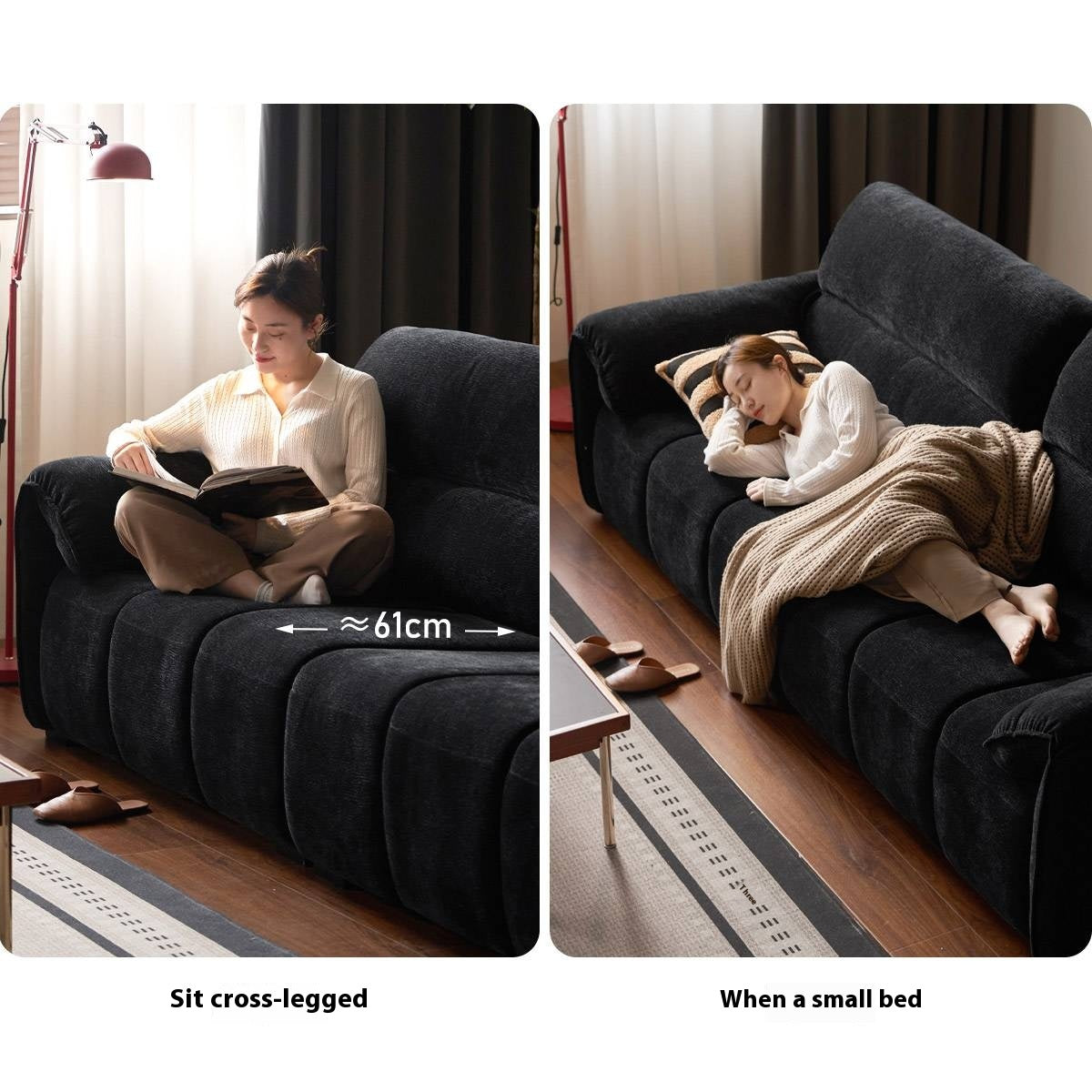 Piano-Key Black Chenille Sofa with Elephant-Ear Design