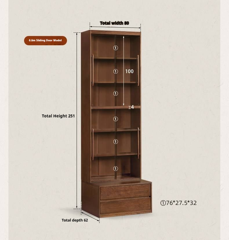 Solid Longan Hardwood, Ash Solid Wood Bookcase with Floor-to-Deck and Wall-Mounted Display Cabinet