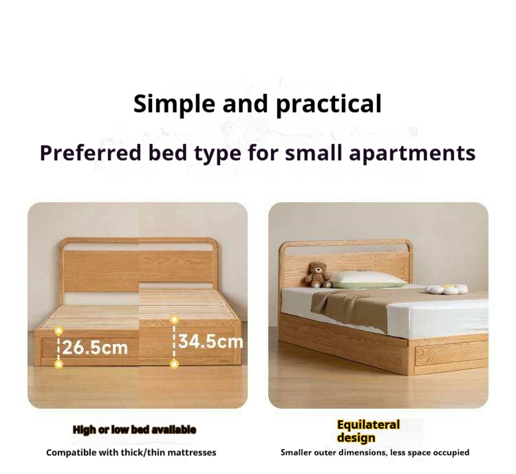 Oak, Rubberwood Solid Wood Storage Bed with Adjustable Height and Gas Lift
