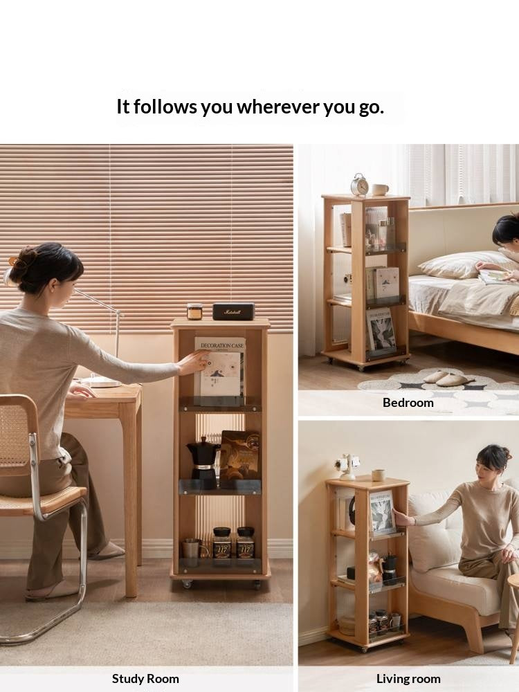 Beech Solid Wood Floor Movable Rack Side Cabinet.