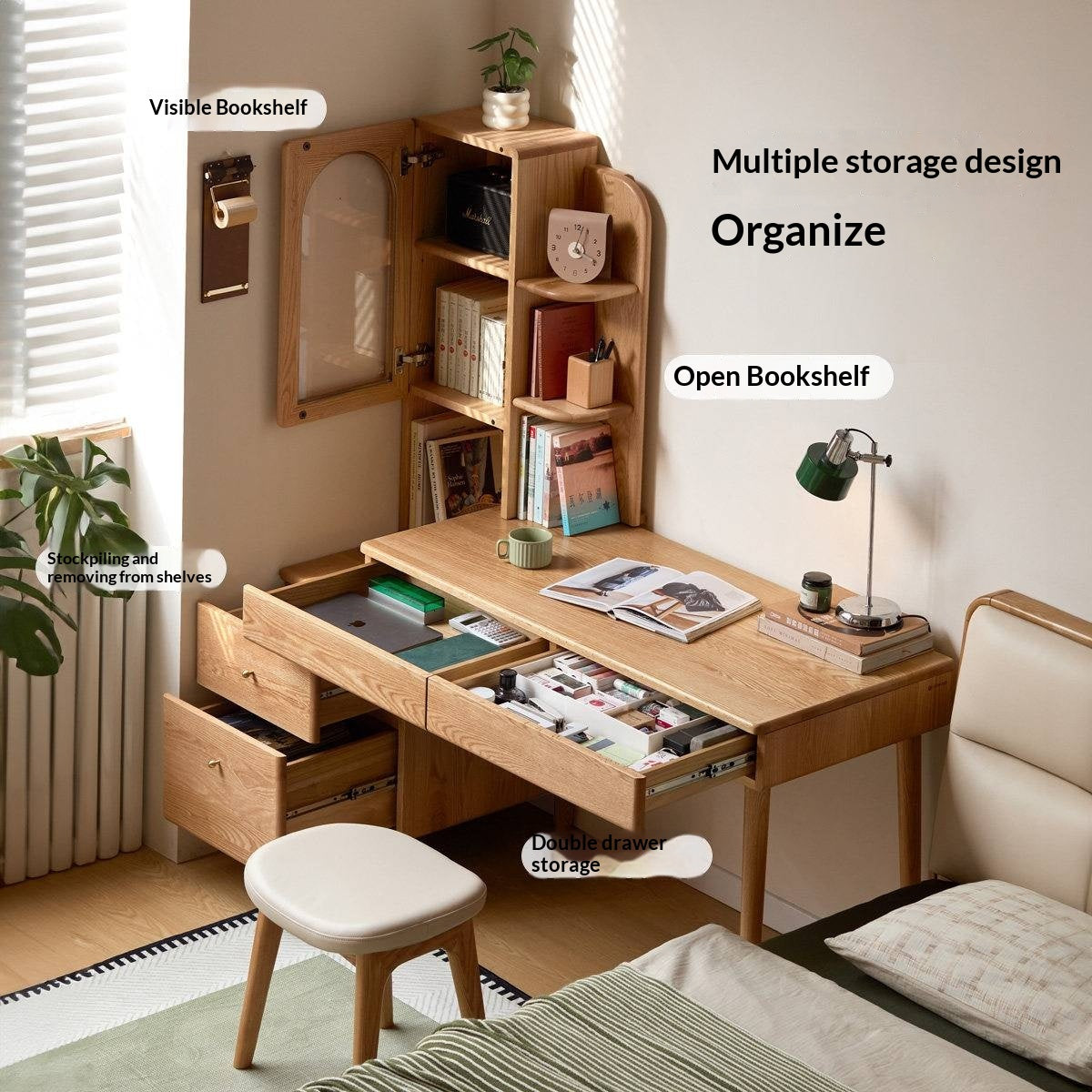 Oak Solid Wood Corner Office Desk with Integrated Bookshelf