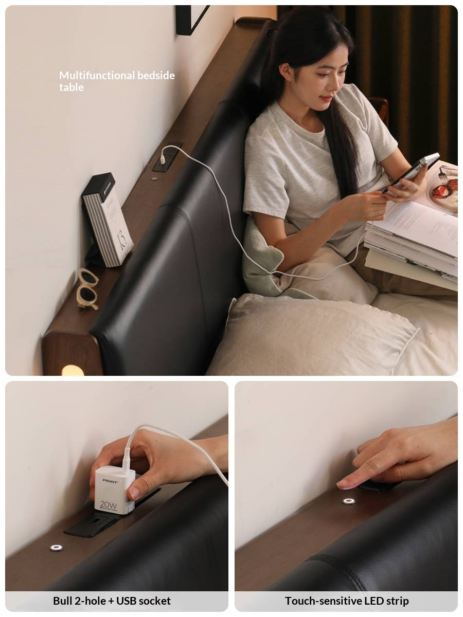 Black Walnut Solid Wood Genuine Leather Upholstered Bed