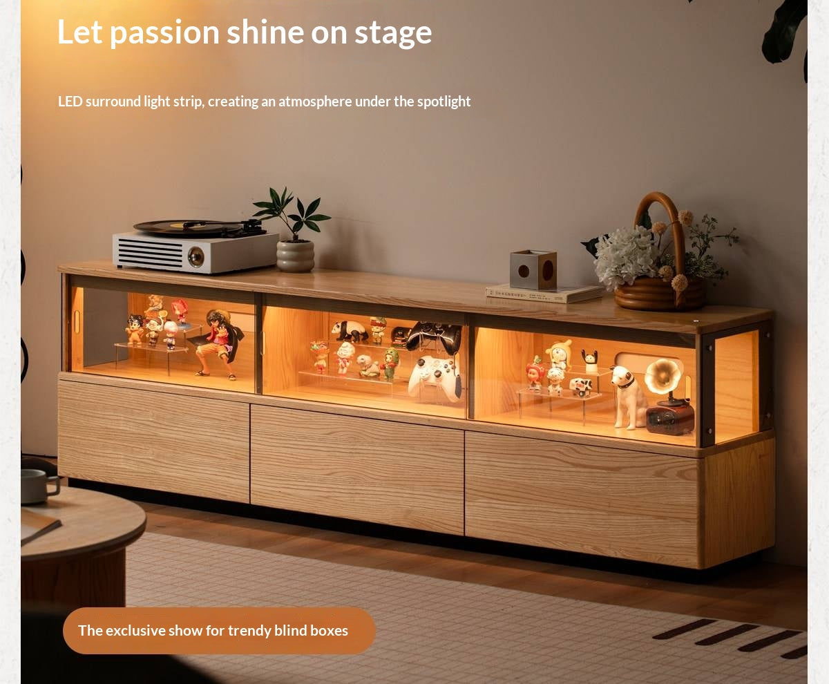Oak Solid Wood TV Console with Illuminated Glass Display Case and Drawer Storage