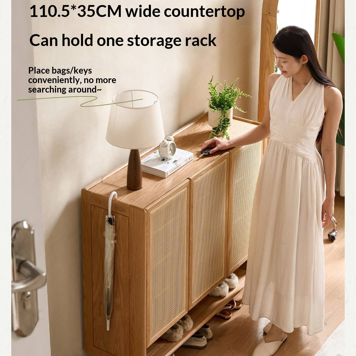Oak Solid Wood Shoe Cabinet with Large Capacity and Vine Weaving Design