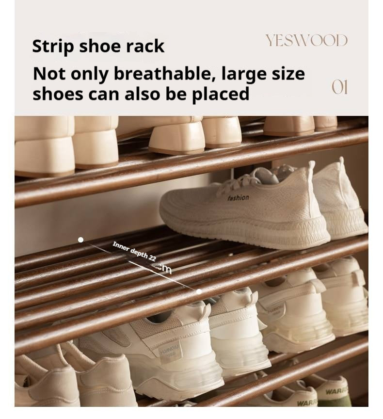 Solid RubberWood Modern Entryway Shoe Rack with Top Shelf and Hooks