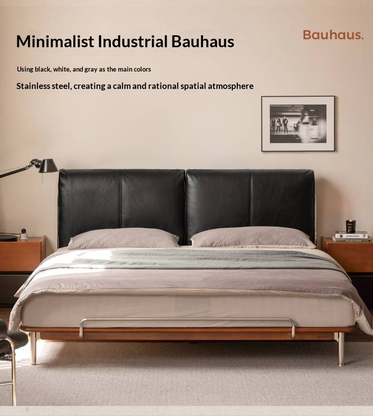 Genuine Leather Bauhaus Style Double Bed with Top Grain Cowhide Soft Backrest