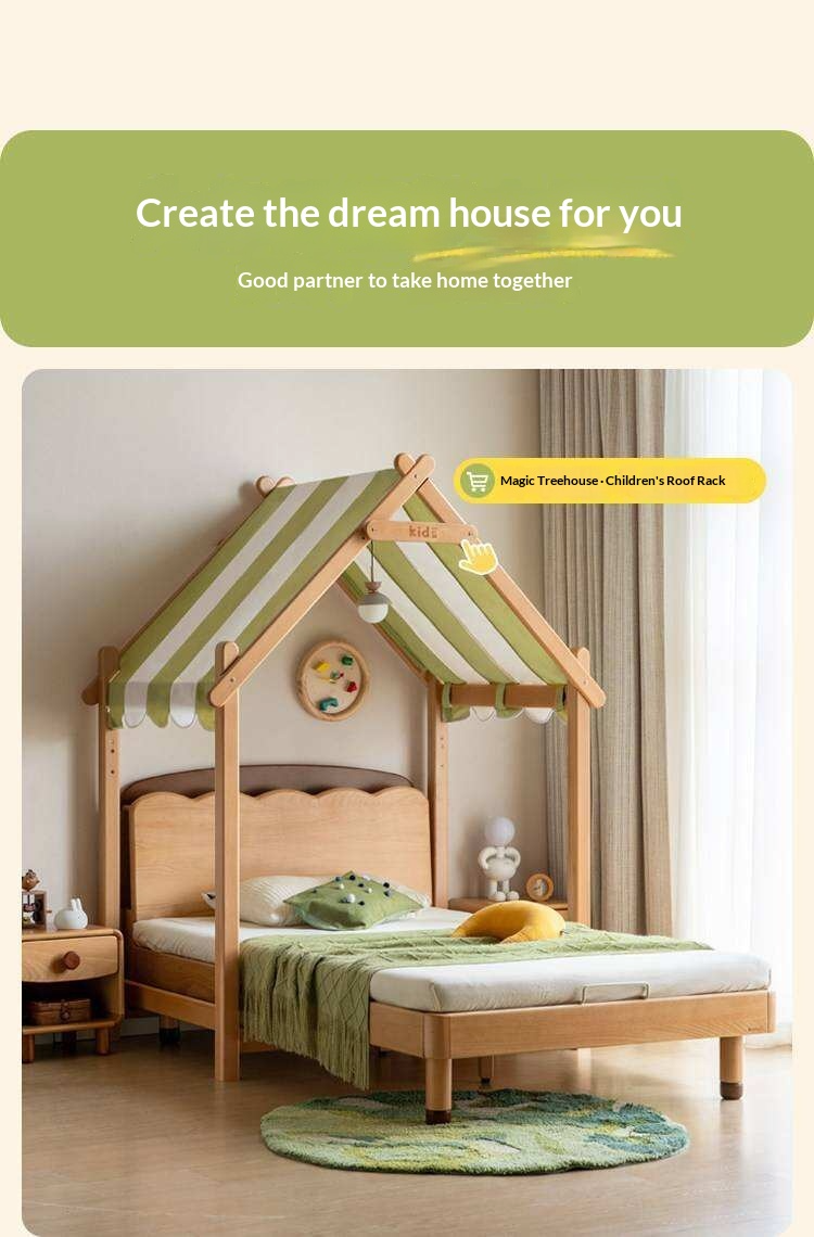 Beech Solid Wood Kids Bed with Scalloped Headboard and Hidden Storage