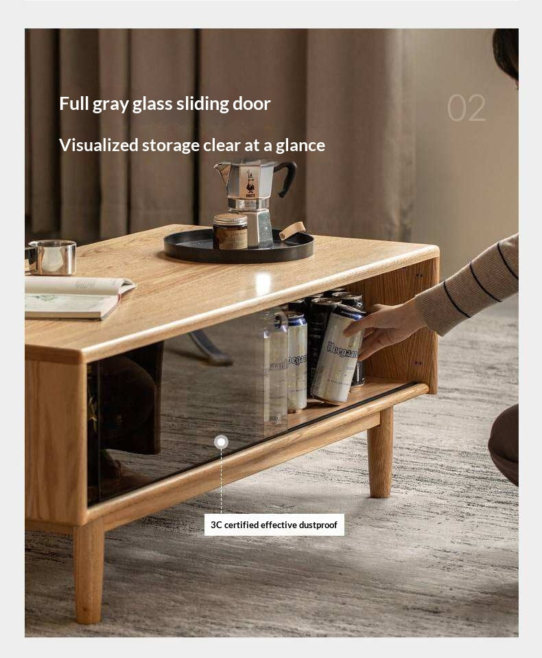 Oak Solid Wood Coffee Table with Integrated Drawer Storage