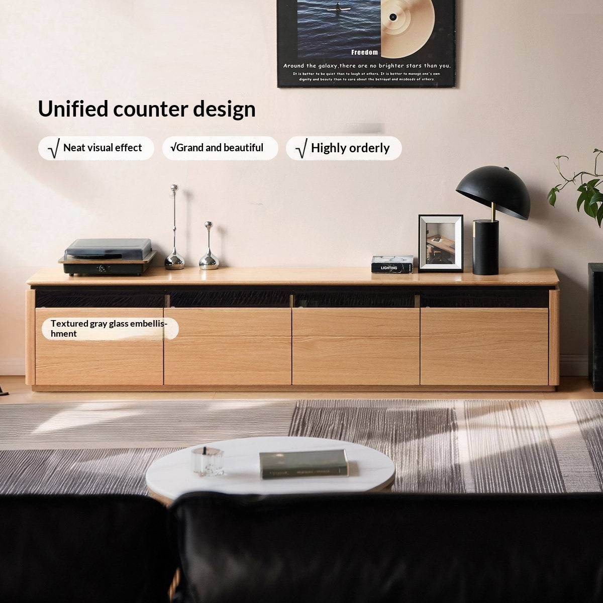 Oak Solid Wood TV Stand with Modern Minimalist Storage Design.