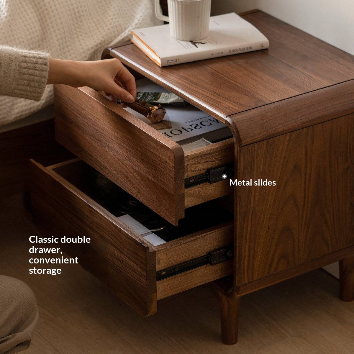 Black Walnut, Sandalwood Solid Wood Lockable Nightstand