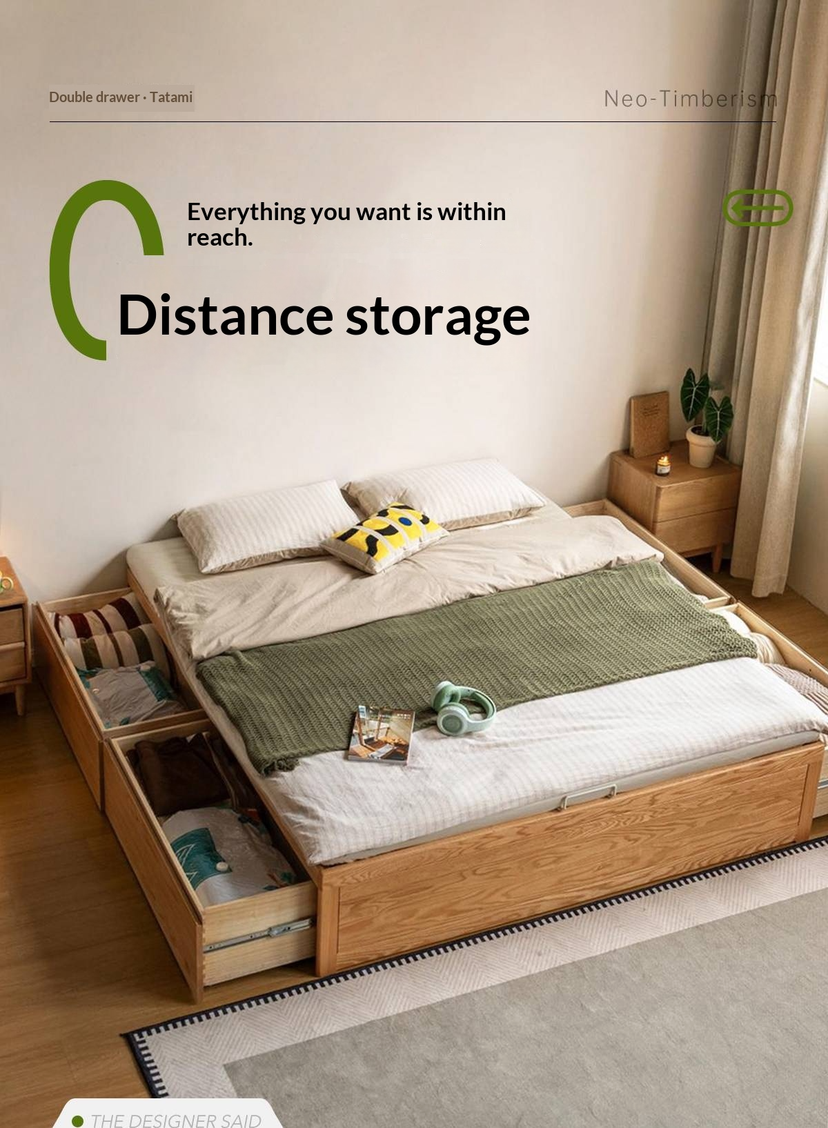 Oak Solid Wood Storage Platform Bed with Drawers, Natural Color