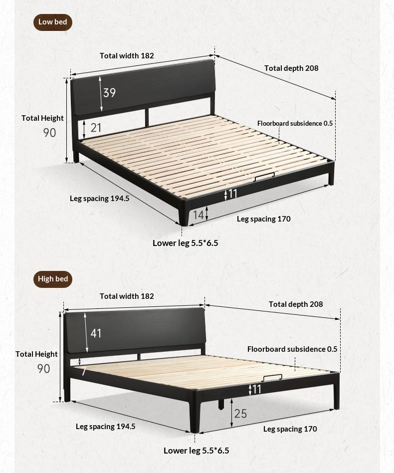 Rubberwood, Poplar Solid Wood Bed in Black — Modern Casual Edge Design