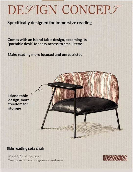 Modern Lounge Chair with Integrated Side Table, Upholstered Wraparound Accent Chair with Metal Frame