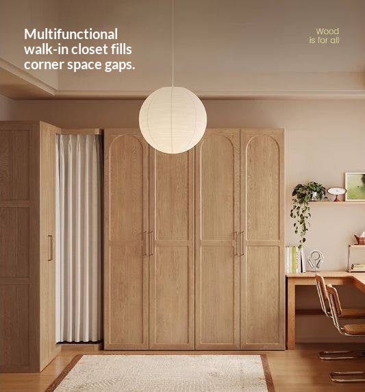 Oak Solid Wood Corner Wardrobe with Removable and Washable Fabric Curtain