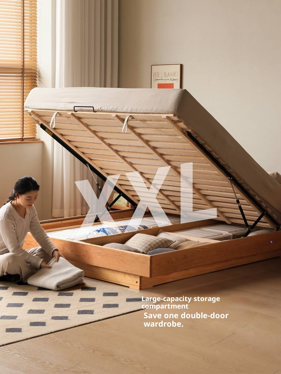 Cherry Solid Wood Floating Platform Box Bed, Headboard-Free Bed