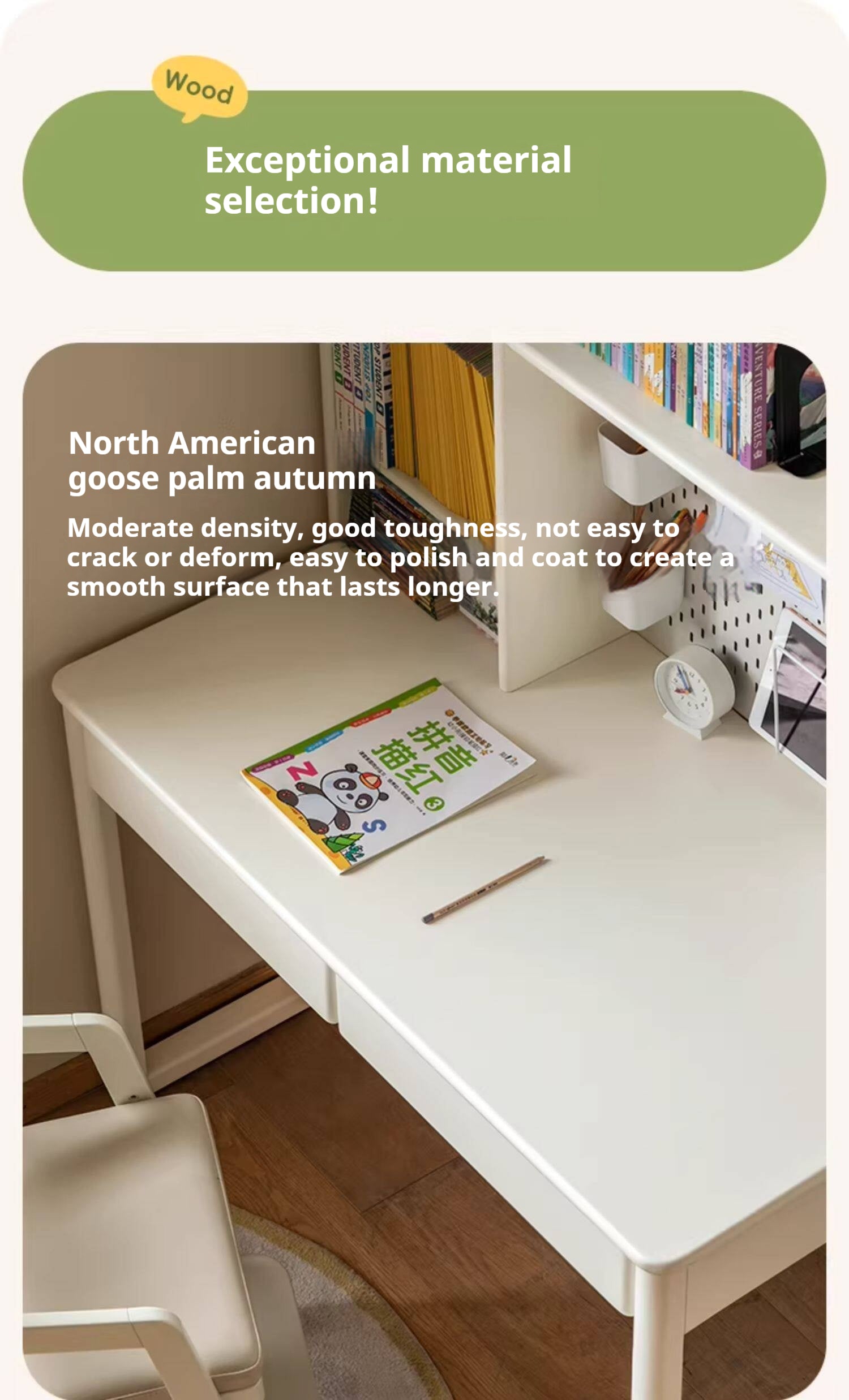 Solid RubberWood Cream Style Bookshelf Integrated Kids Table