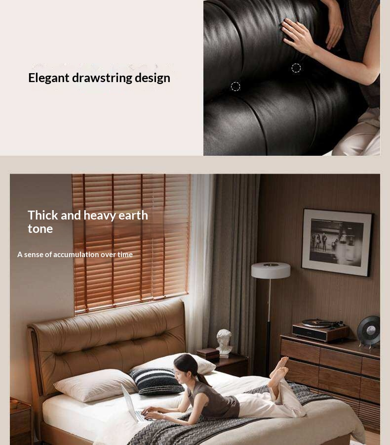 Genuine Leather Platform Bed with Wingback Tufted Headboard