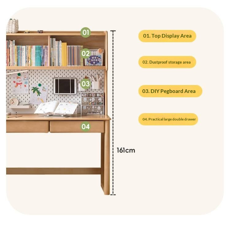 Beech Solid Wood Kids Study Desk Bookshelf Integrated